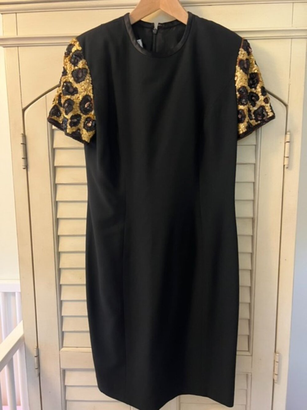 A.J. Bari Black Midi Dress with Gold and Black Embellished Sleeves - Size 10